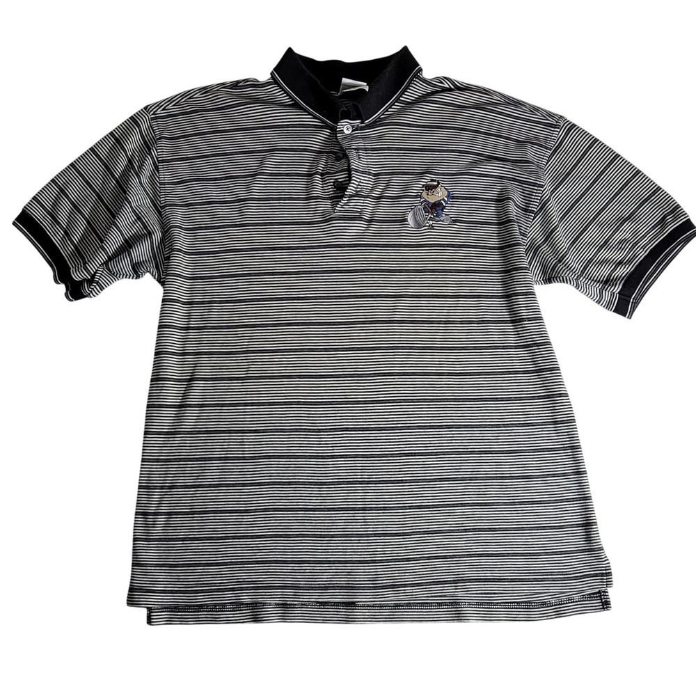 Vintage 1999 Warner Bros Taz Golf Polo Shirt Mens Medium Black White Striped